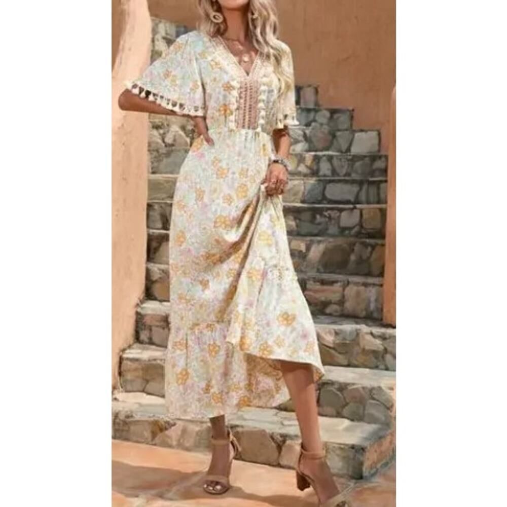 ANANY Floral Tassel Boho Maxi Dress NWT Sz. L